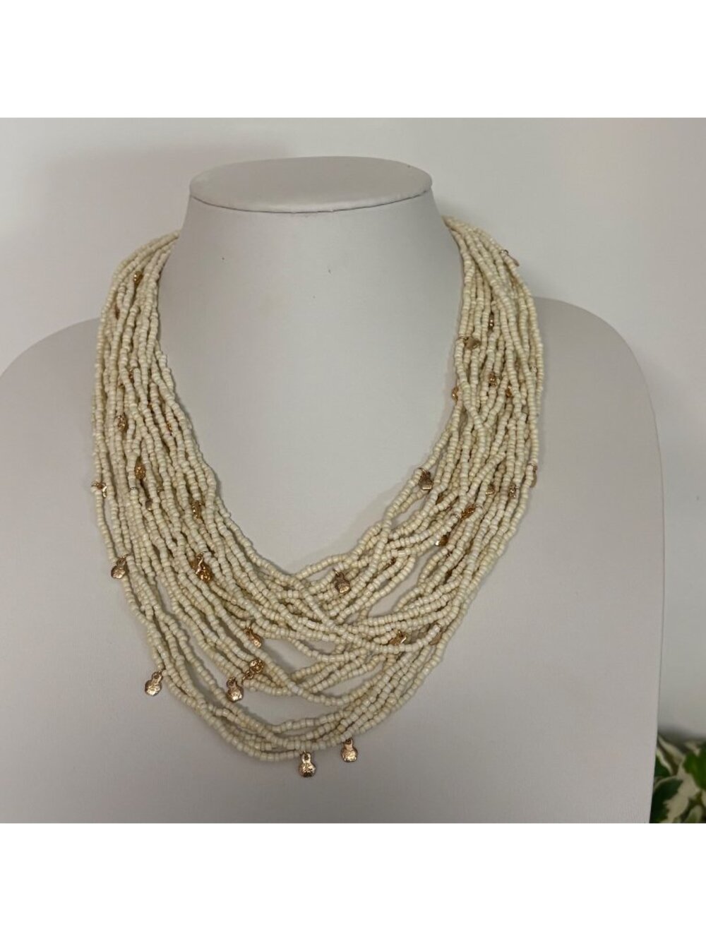 Multi Strand Ivory Seed Bead Necklace Flower Gold Accents Boho Chic Coastal